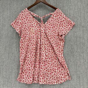 Everleigh Blouse Womens Sz L Pink Red Pullover Floral V-Neck Tie Flutter Sleeve